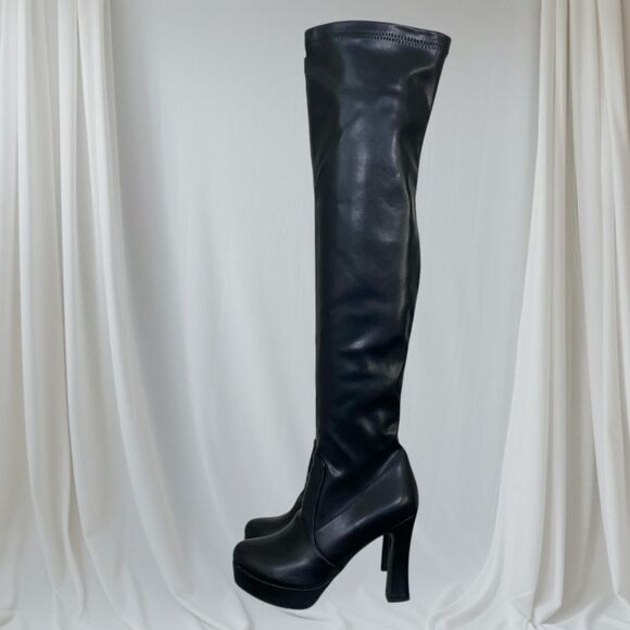 Black Faux Leather Platform Over The Knee High Heel Boots EU 40 / US 9.5 - Picture 1 of 8